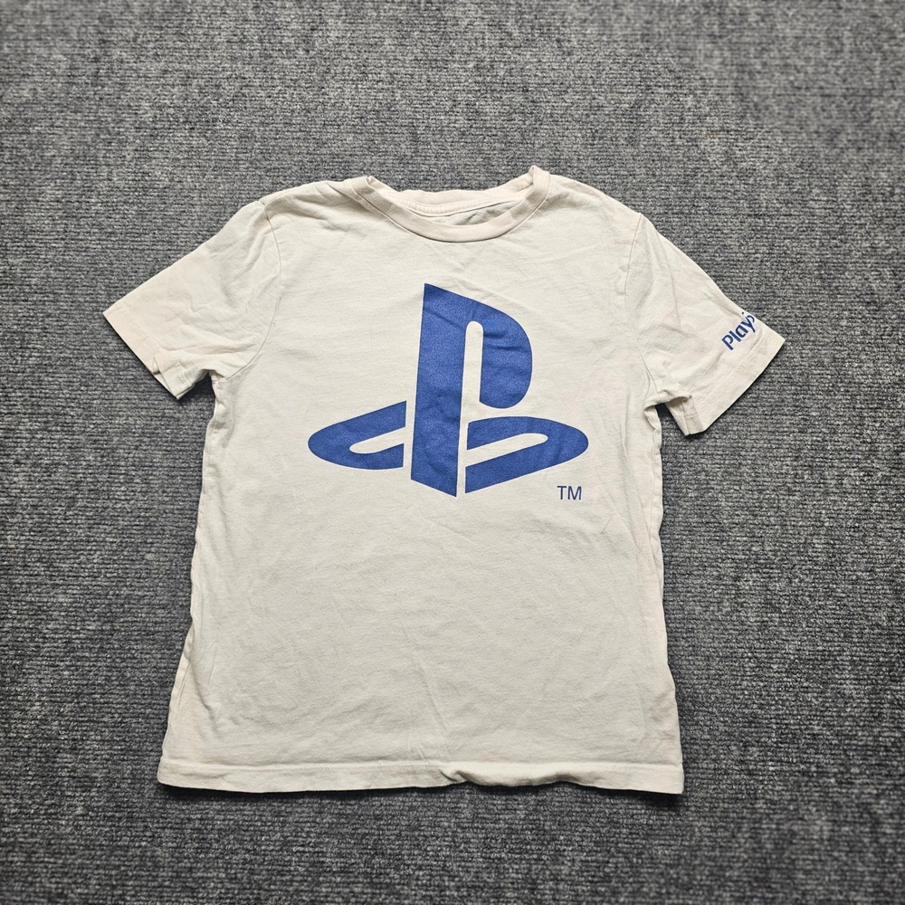 Official PlayStation Logo Graphic T-Shirt Boys Size M 8 Cream Blue Sony Gaming